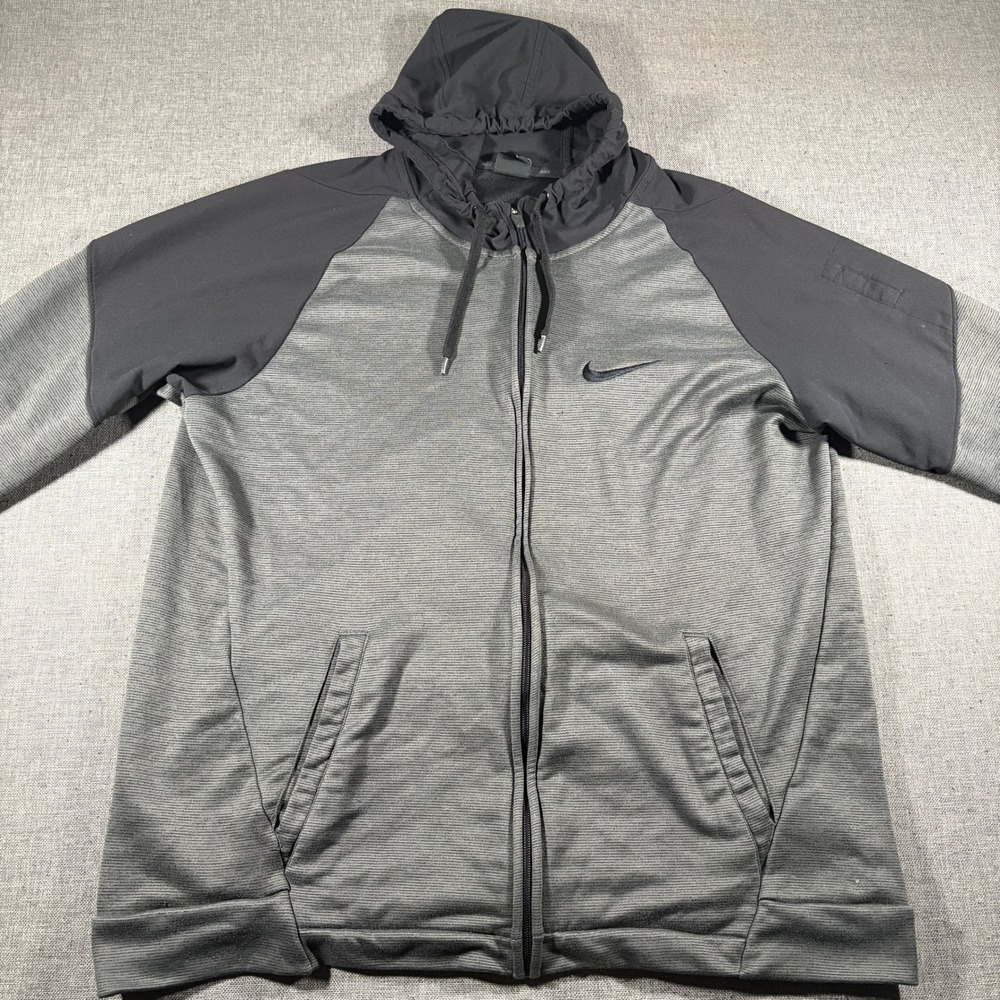 Nike Dri-FIT Full Zip Hoodie Mens XL Grey Black Textured Raglan Sweatshirt